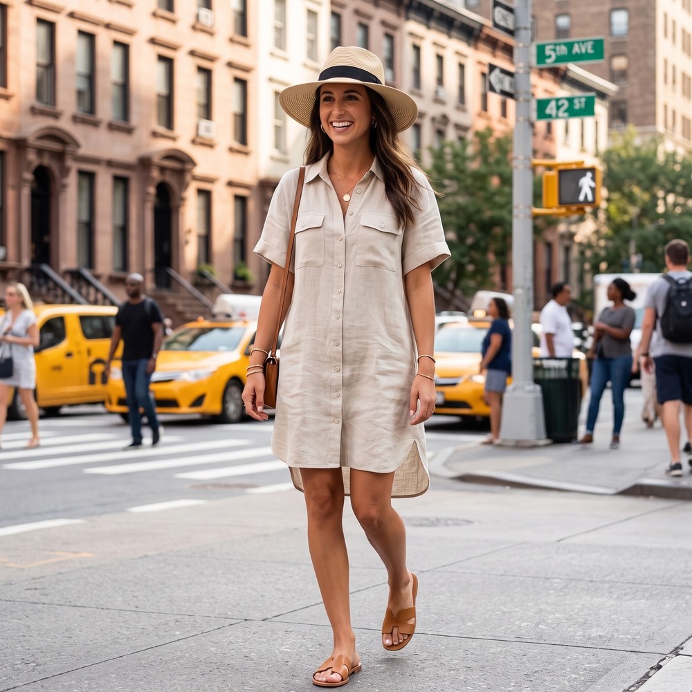 Button-Front Shirt Dress in Beige